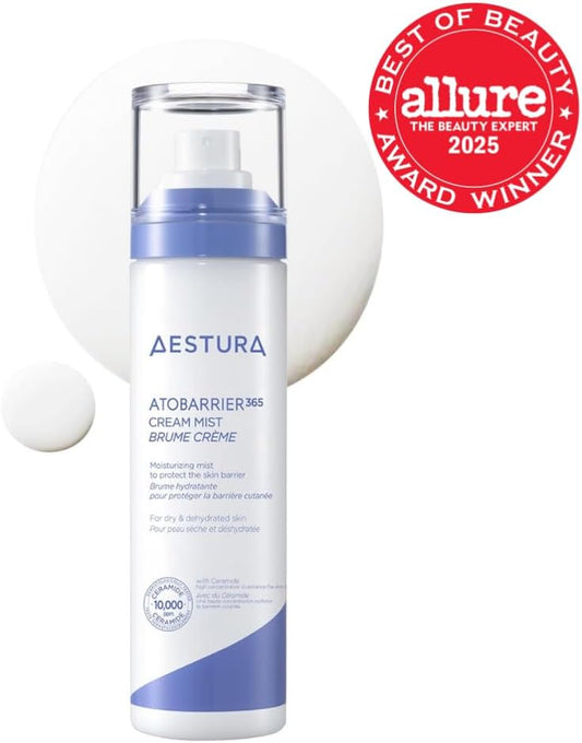 AESTURA Atobarrier 365 Cream Mist with Allure Best of Beauty 2025 award on a white background