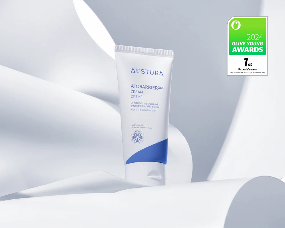 AESTURA Atobarrier 365 Cream tube on a light gray background with a 2024 Olive Young Awards badge.