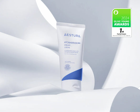 AESTURA Atobarrier 365 Cream tube on a light gray background with a 2024 Olive Young Awards badge.