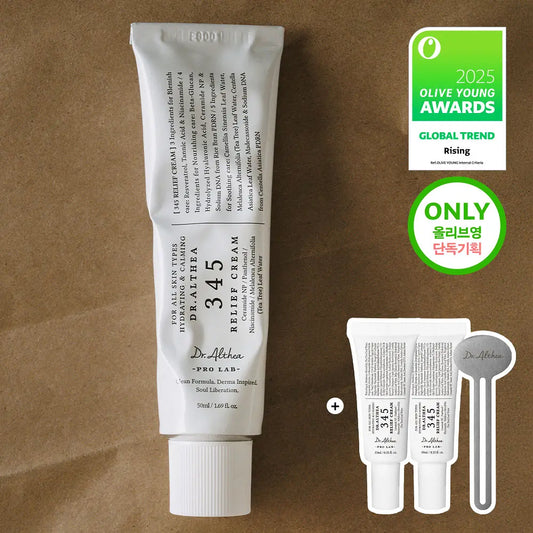 Tube of Dr. Althea 345 Relief Cream and 2 additional tubes of Dr. Althea 345 Relief Cream with an olive young award badge for 2025 as a rising brand