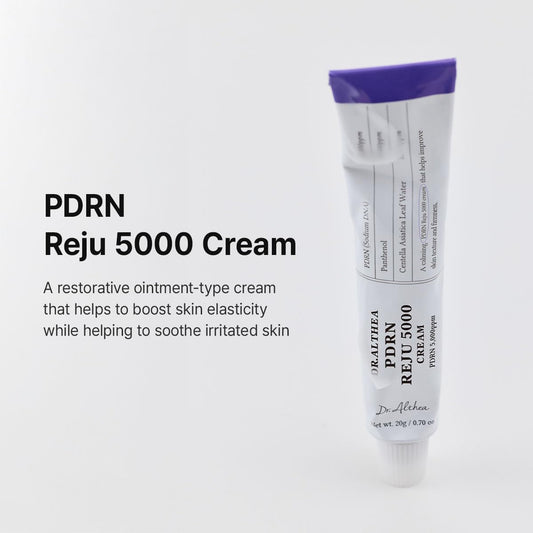 Dr. Althea PDRN Reju 5000 Cream tube with text saying it is a restorative ointmenr-type cream that helps to boost skin elasticity while helping to soothe irritated skin
