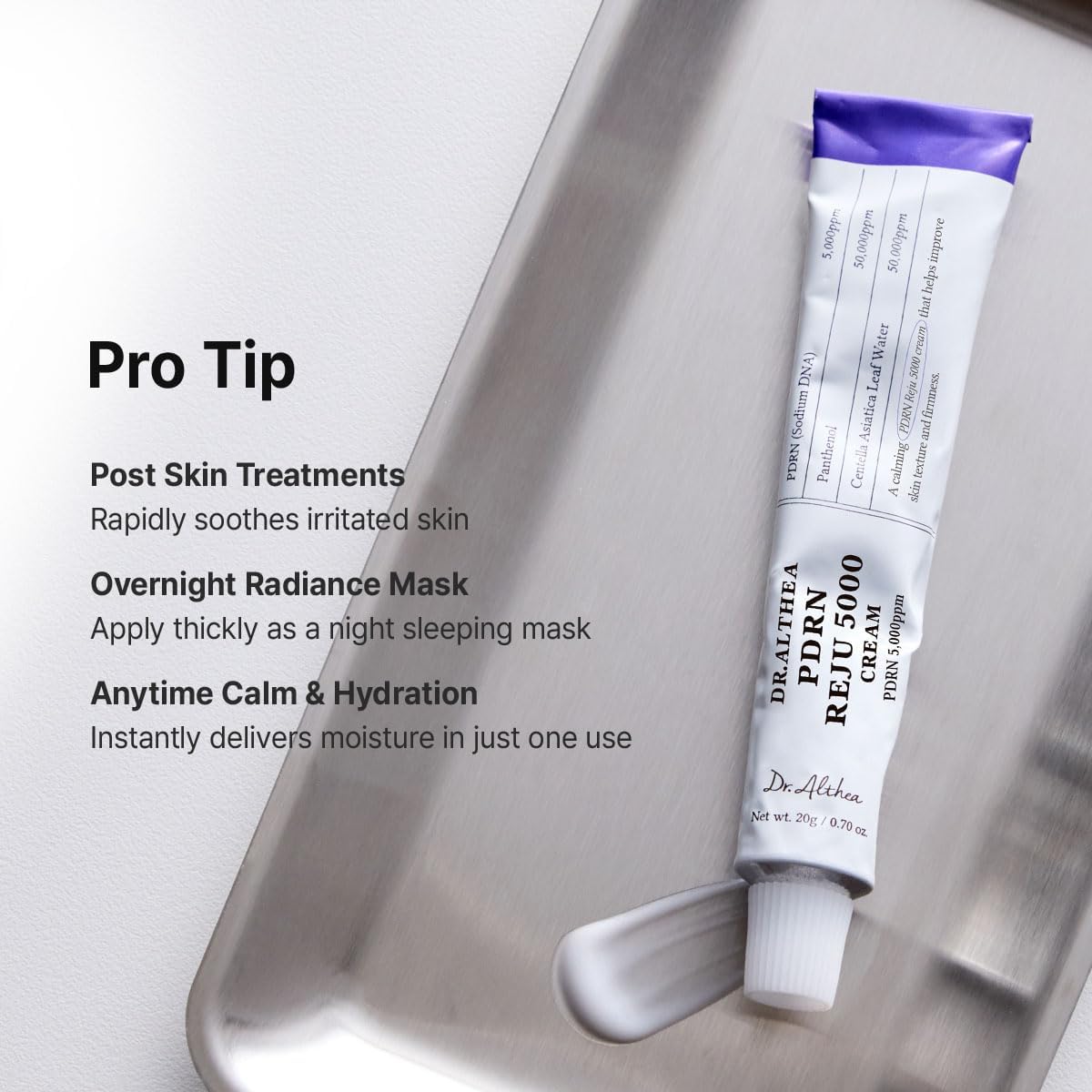 Tube of Dr. Althea PDRN Reju 5000 Cream with application tips being for Post Skin Treatments, Overnight Radiance Mask and Anytime Calm and Hydration.