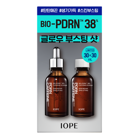 IOPE PDRN Caffeine Shot IOPE BIO-PDRN 38% skincare product packaging which includes two bottles on a white background