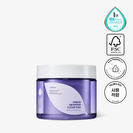 Isntree Onion Newpair Clear Pad Purple jar with white lid featuring FSC certification logo and an award from Hwahae 2022