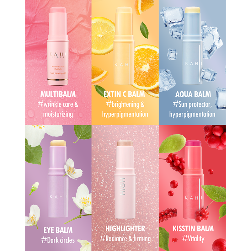 KAHI Collection of skincare balms with colorful packaging for each and each product being used for a different purpose