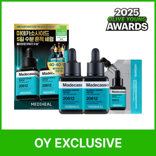 MEDIHEAL Madecassoside Blemish Repair Serum double set featuring 2025 Olive Young Awards text
