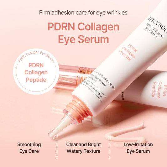 PDRN Collagen Eye Serum with text stating key ingredients of PDRN Collagen and peptide which provides the following benefits smoothing eye care, clear and bright watery Texture and low irritation