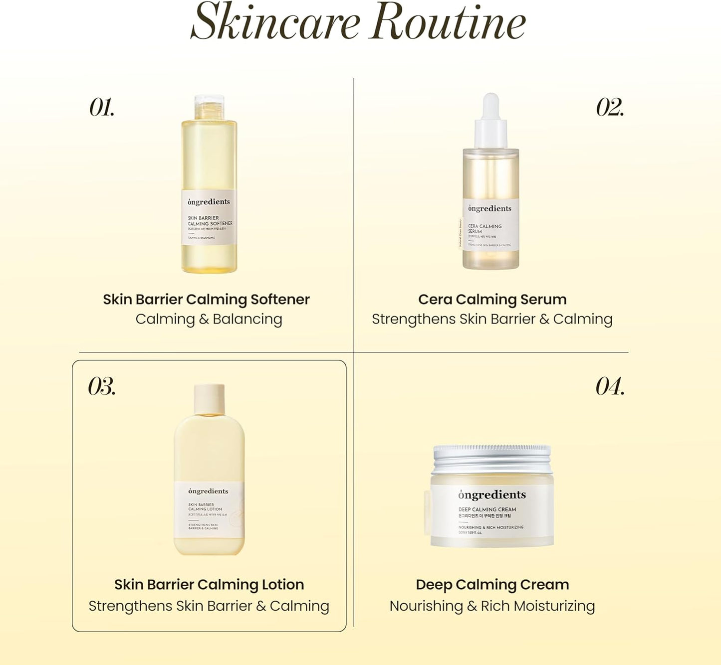 Ongredients Skincare routine with ongredients Skin Barrier Calming Lotion highlighted as step 3.