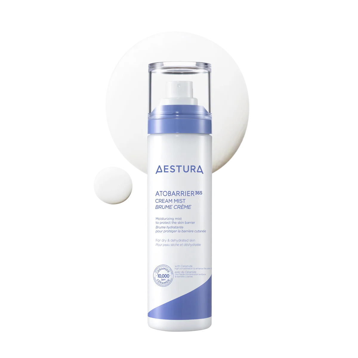 AESTURA Atobarrier 365 Cream Mist bottle with a sample of the product in the ground
