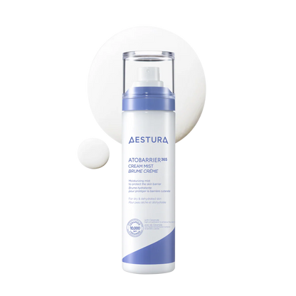 AESTURA Atobarrier 365 Cream Mist bottle with a sample of the product in the ground