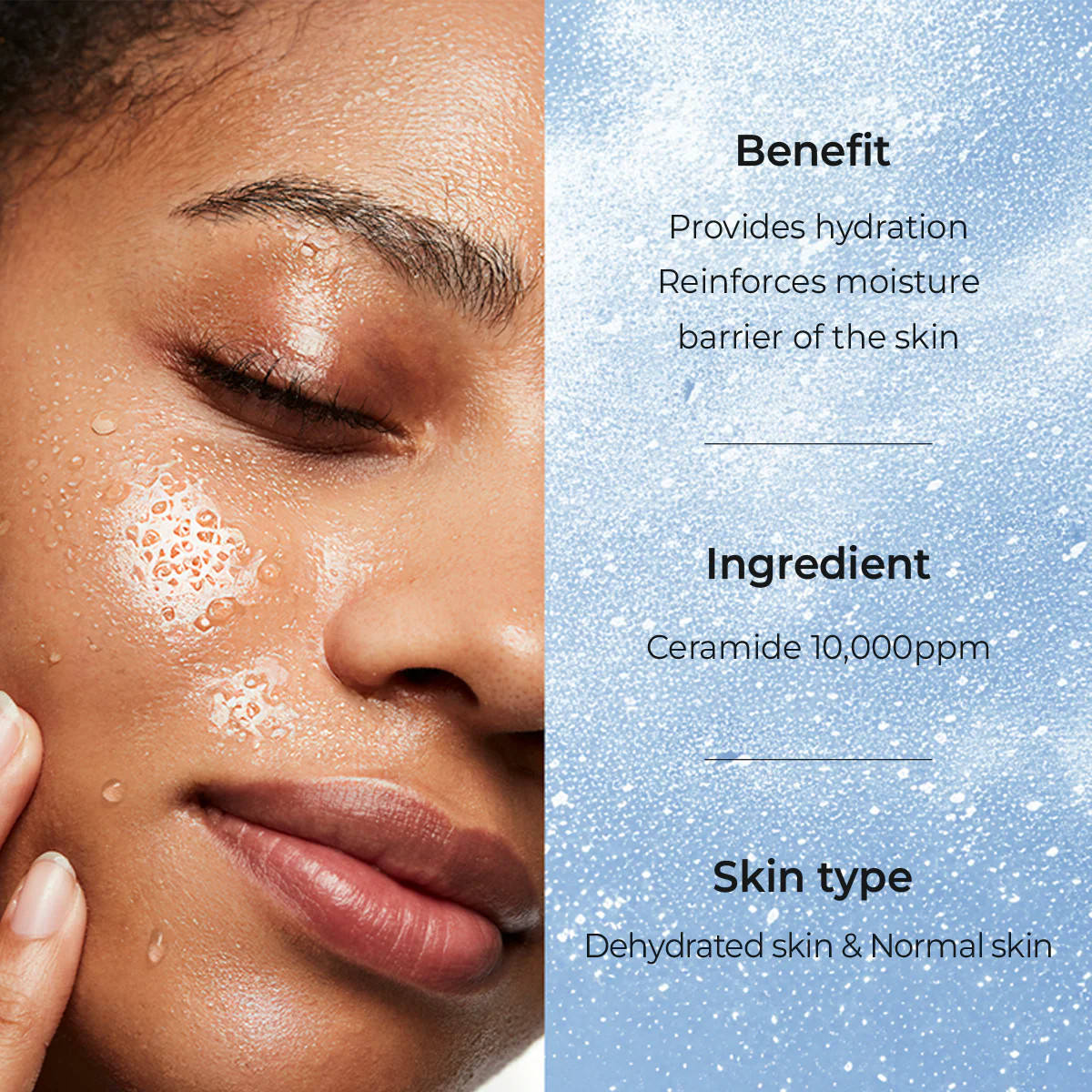 AESTURA Atobarrier 365 Cream Mist Close-up of a person's face with skincare product and text about benefits of hydration, reinforces moisture and skin barrier, key ingredient ceramide 10,000ppm, and is suitable for dehydrated and normal skin type.