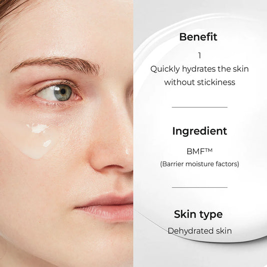 AESTURA Atobarrier 365 Hydro Essence on a Close-up of a person's face with hydration benefit highlighted for dehydrated skin 