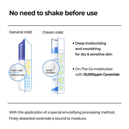 AESTURA Atobarrier 365 Cream Mist illustration of the product not needing to be shaken before use due to a special emulsifying processing method