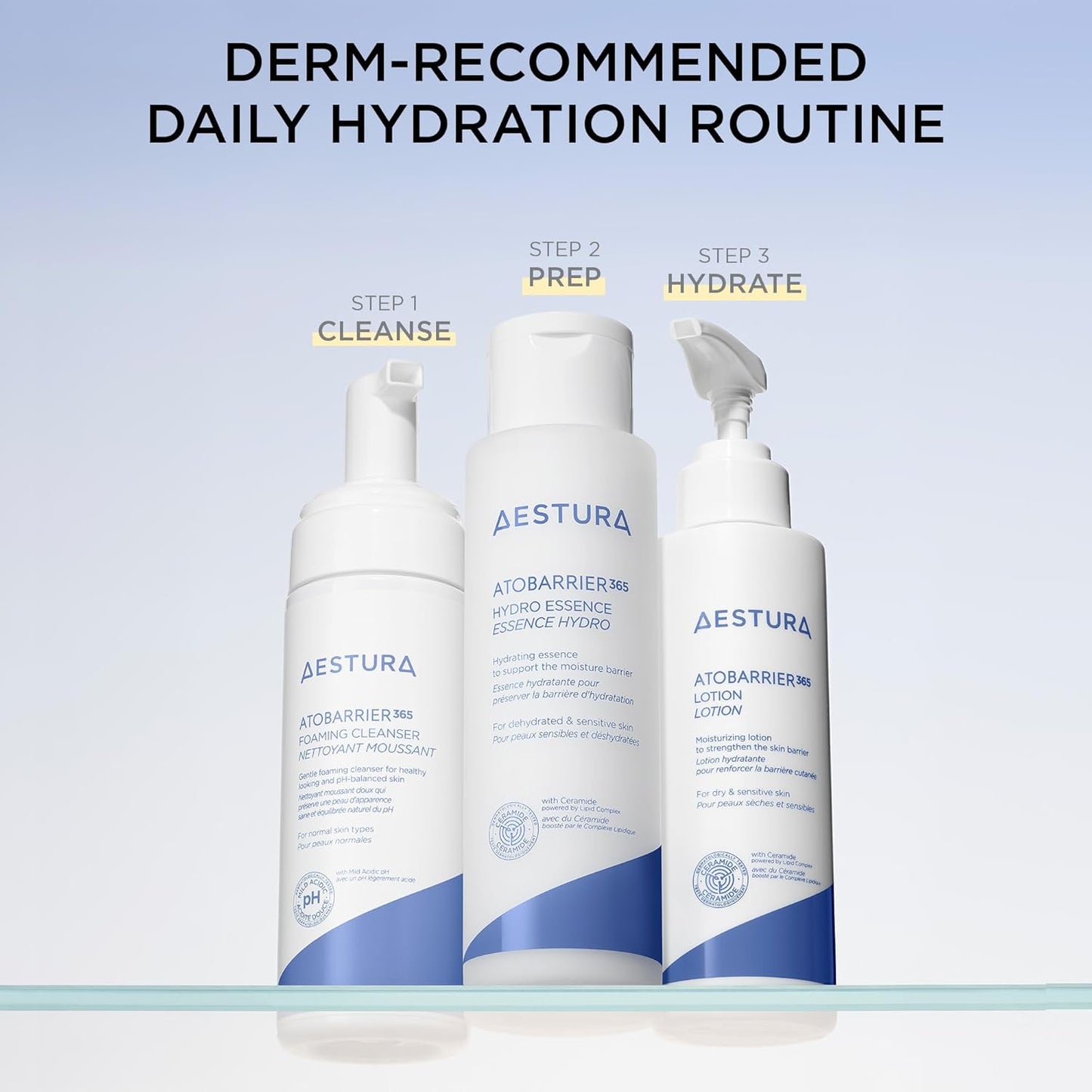 Derm - Recommended DAily Hydration routine showing step 1 - cleansing with AESTURA Atobarrier 365 Foaming Cleanser, Step 2 - AESTURA Atobarrier 365 Hydro Essence and step 3 AESTURA Atobarrier 365 Lotion
