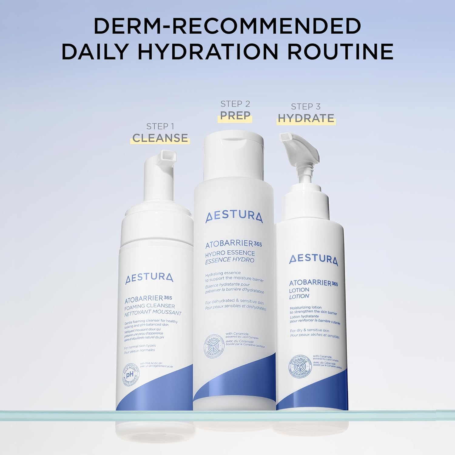Derm - Recommended DAily Hydration routine showing step 1 - cleansing with AESTURA Atobarrier 365 Foaming Cleanser, Step 2 - AESTURA Atobarrier 365 Hydro Essence and step 3 AESTURA Atobarrier 365 Lotion