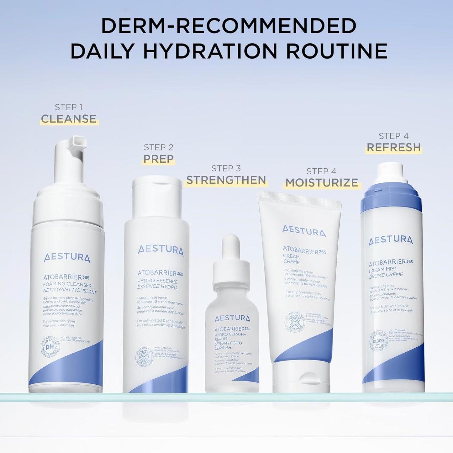 Aestura skincare product lineup with a 4 step-by-step daily hydration routine on a light blue background - AESTURA Atobarrier 365 Cream Mist being step number 4 to "refresh"