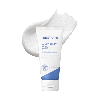 Aestura Atobarrier 365 Cream tube with cream swatch on a white background
