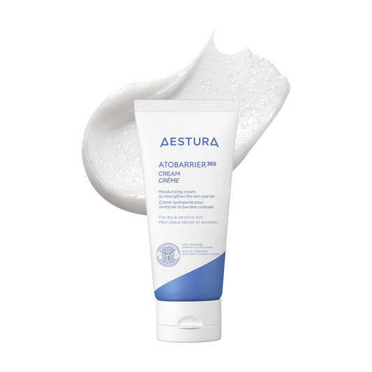 Aestura Atobarrier 365 Cream tube with cream swatch on a white background