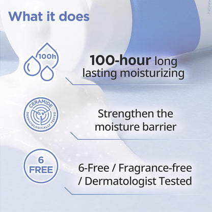 AESTURA Atobarrier 365 Cream text about 100-hour moisturizing, ceramide strengthening, and being fragrance-free.