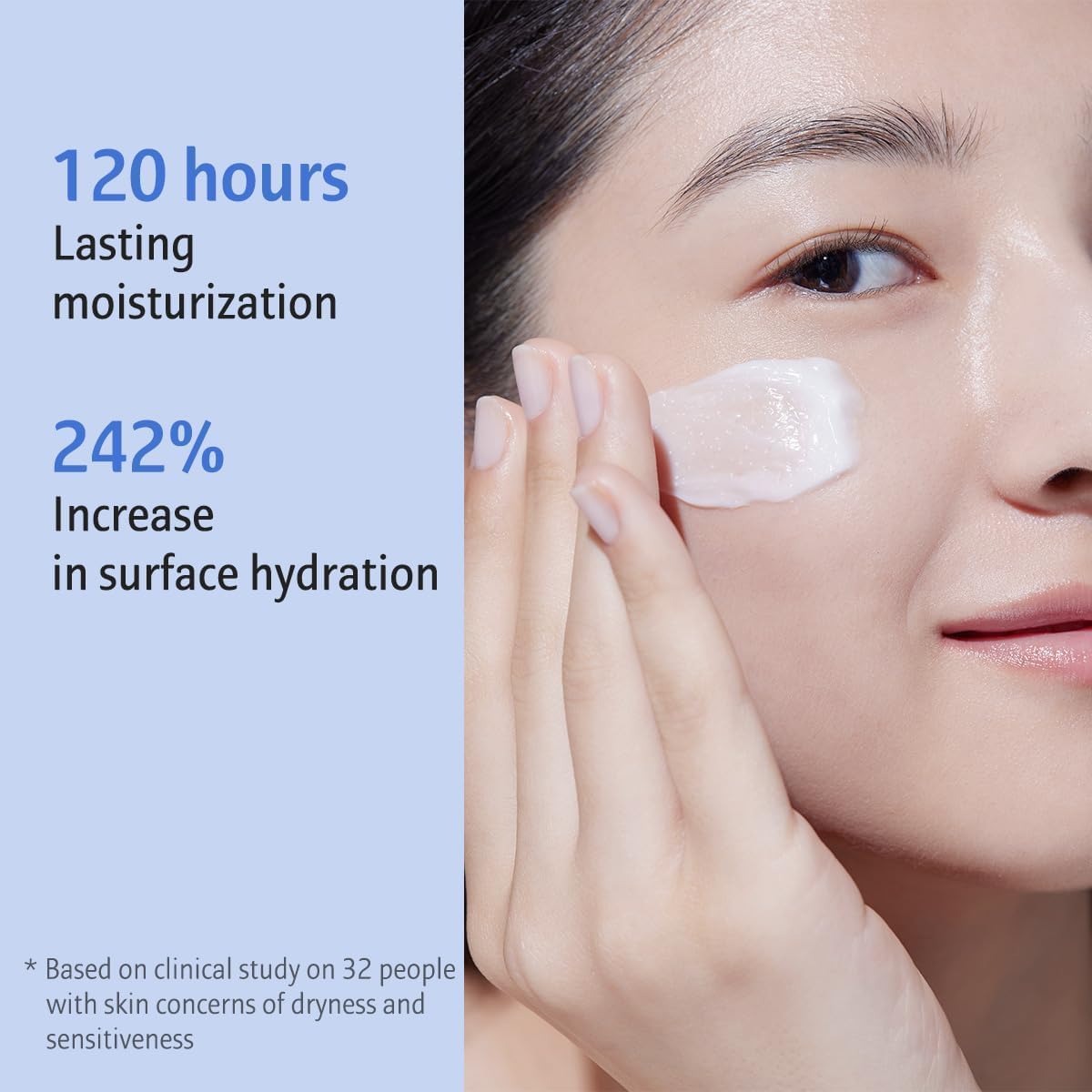 Woman applying AESTURA Atobarrier 365 Cream to her face with text about 120 hours of moisturization and 242% increase in surface hydration.