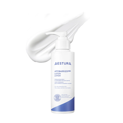 AESTURA Atobarrier 365 Lotion bottle showing product consistency on a white background