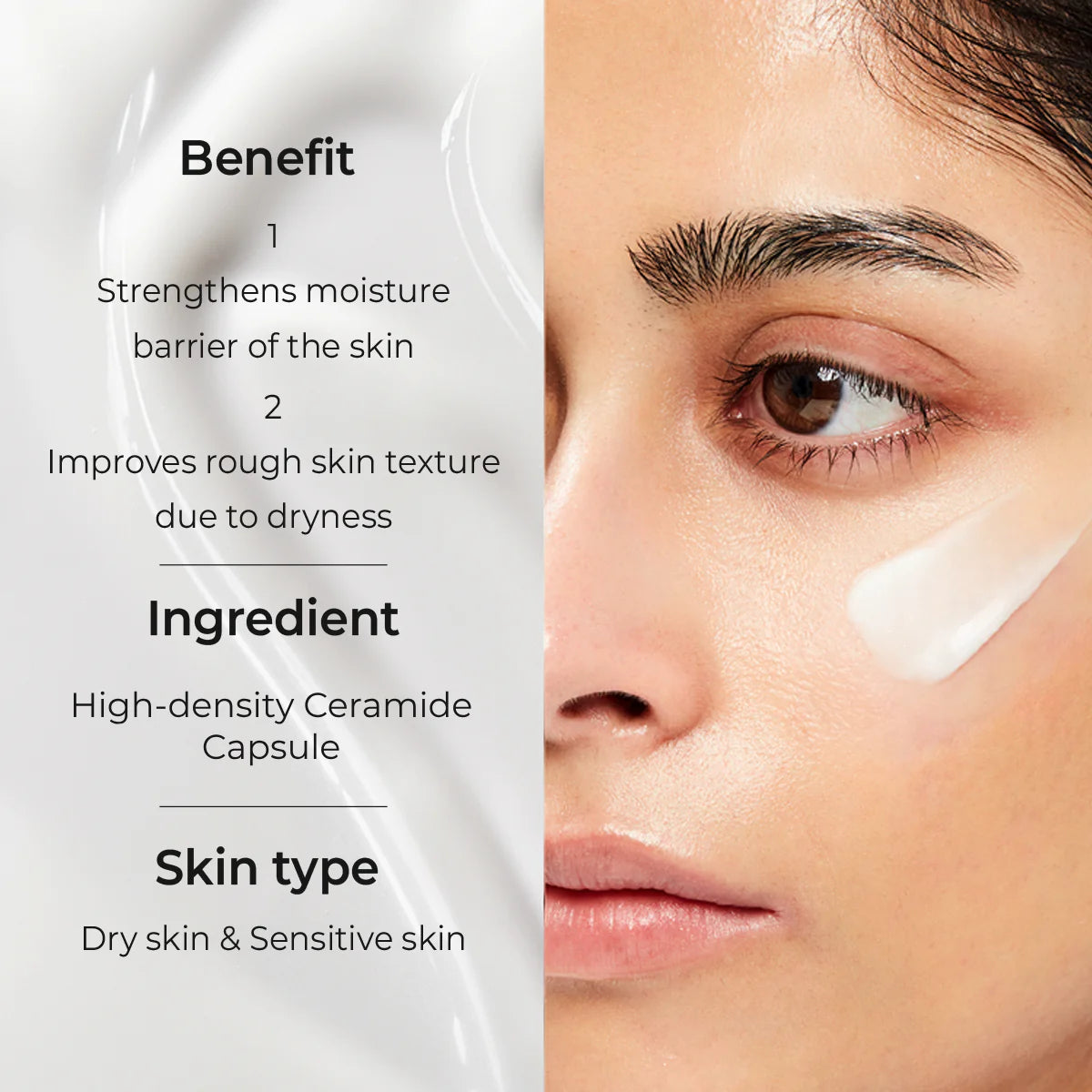 AESTURA Atobarrier 365 Lotion on  person's face with text detailing benefits of strengthening skin barrier and improve skin texture. Ingredients highlighted as high density ceramide capsule, and skin type suitability as dry skin and sensitive skin