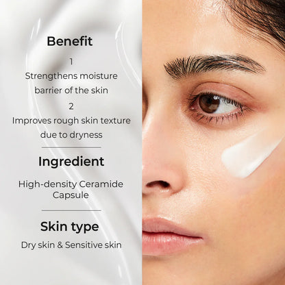 AESTURA Atobarrier 365 Lotion on  person's face with text detailing benefits of strengthening skin barrier and improve skin texture. Ingredients highlighted as high density ceramide capsule, and skin type suitability as dry skin and sensitive skin