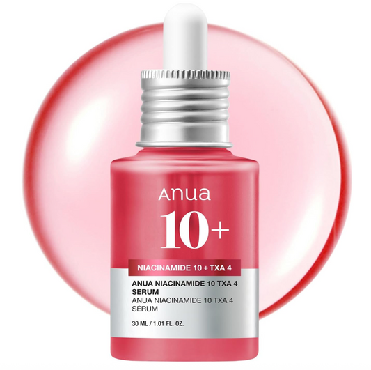 Anua Niacinamide 10% + TXA 4% Serum for Brightening and Dark Spots bottle with a sample of the product in the background