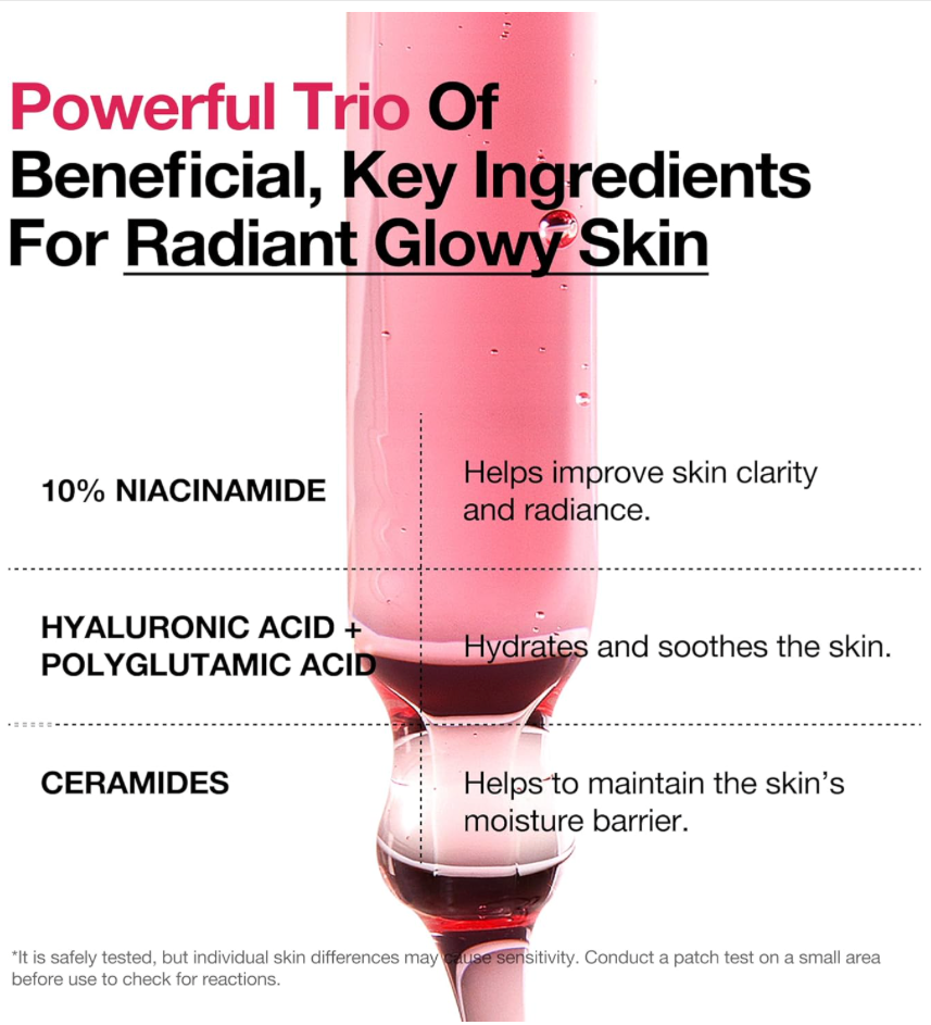 Anua Niacinamide 10% + TXA 4% Serum for Brightening and Dark Spots dropper filled with the product and text highlighting key ingredients and benefits being 10% niacinamide (helps improve skin clarity), Hyaluronic acid (hydrates and soothes skin), polyglutamic acid hydrates and soothes skin) and ceramides (helps maintain skin barrier)