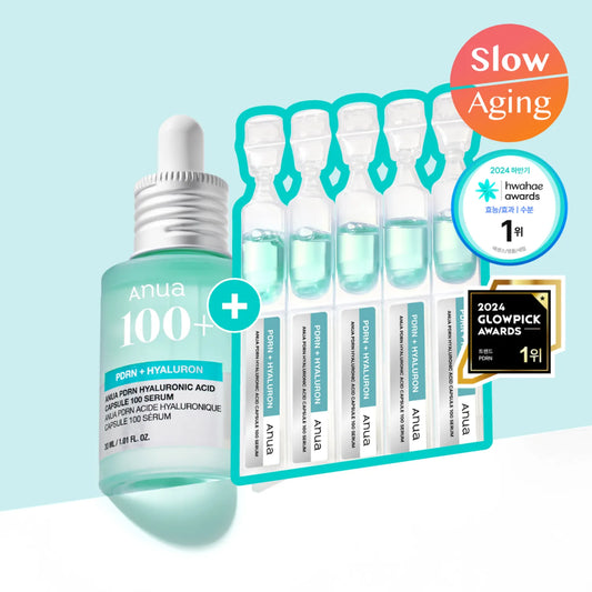Anua PDRN + Hyaluronic Acid Capsule 100 Serum bottle with additional single use tubes and 2024 award badges from hwahae and glowpick