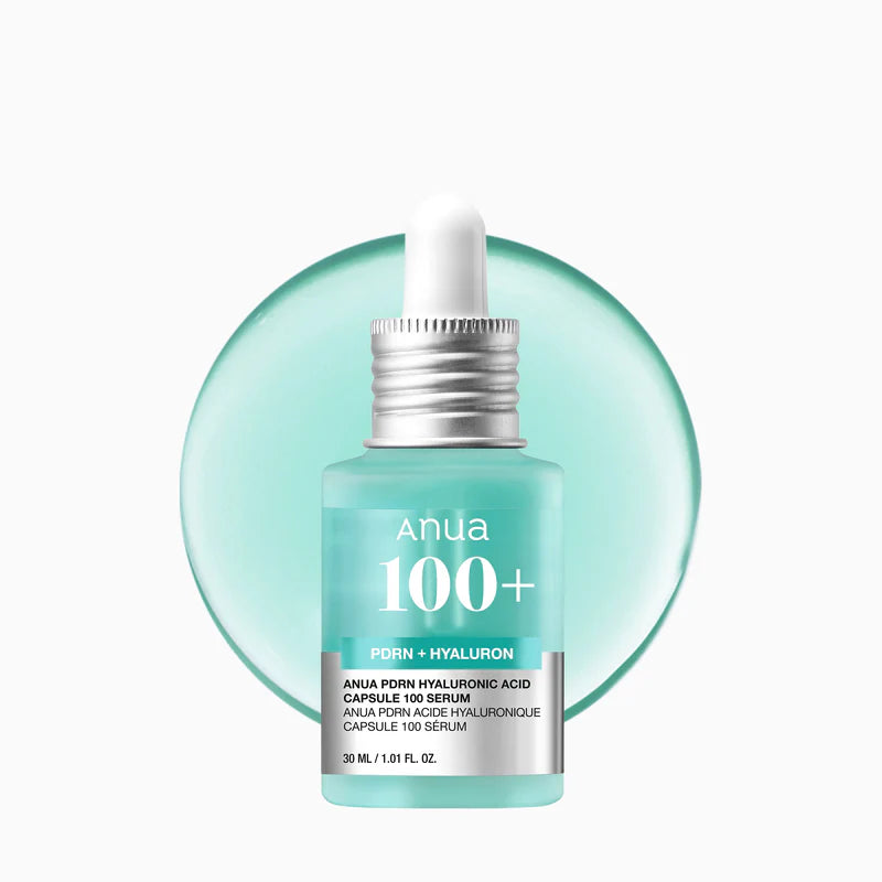 Anua PDRN + Hyaluronic Acid Capsule 100 Serum bottle with dropper with a sample of the product