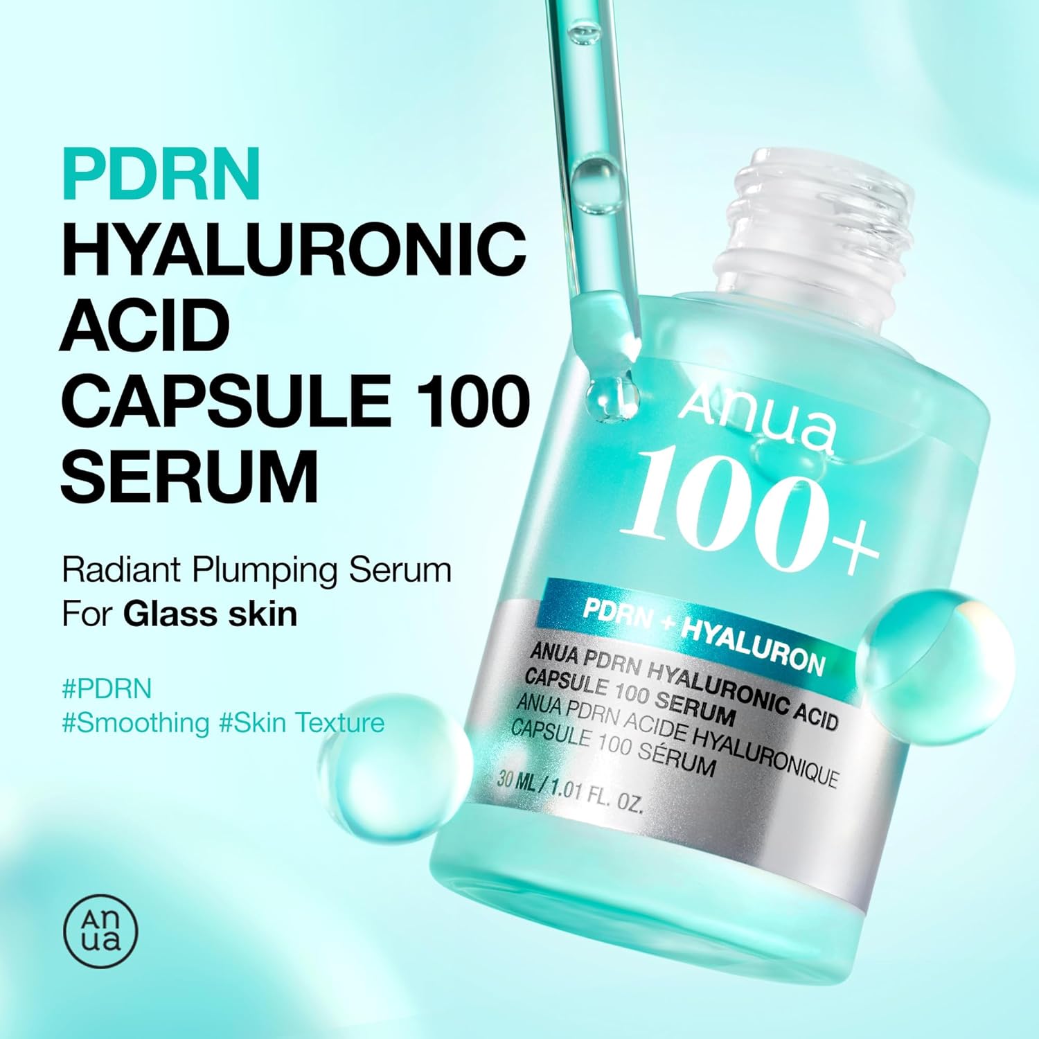 Anua PDRN + Hyaluronic Acid Capsule 100 Serum bottle with text highlighting radiant plumping serum for glass skin