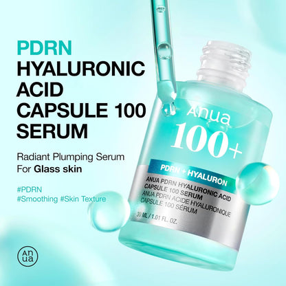 Anua PDRN + Hyaluronic Acid Capsule 100 Serum bottle with text highlighting radiant plumping serum for glass skin