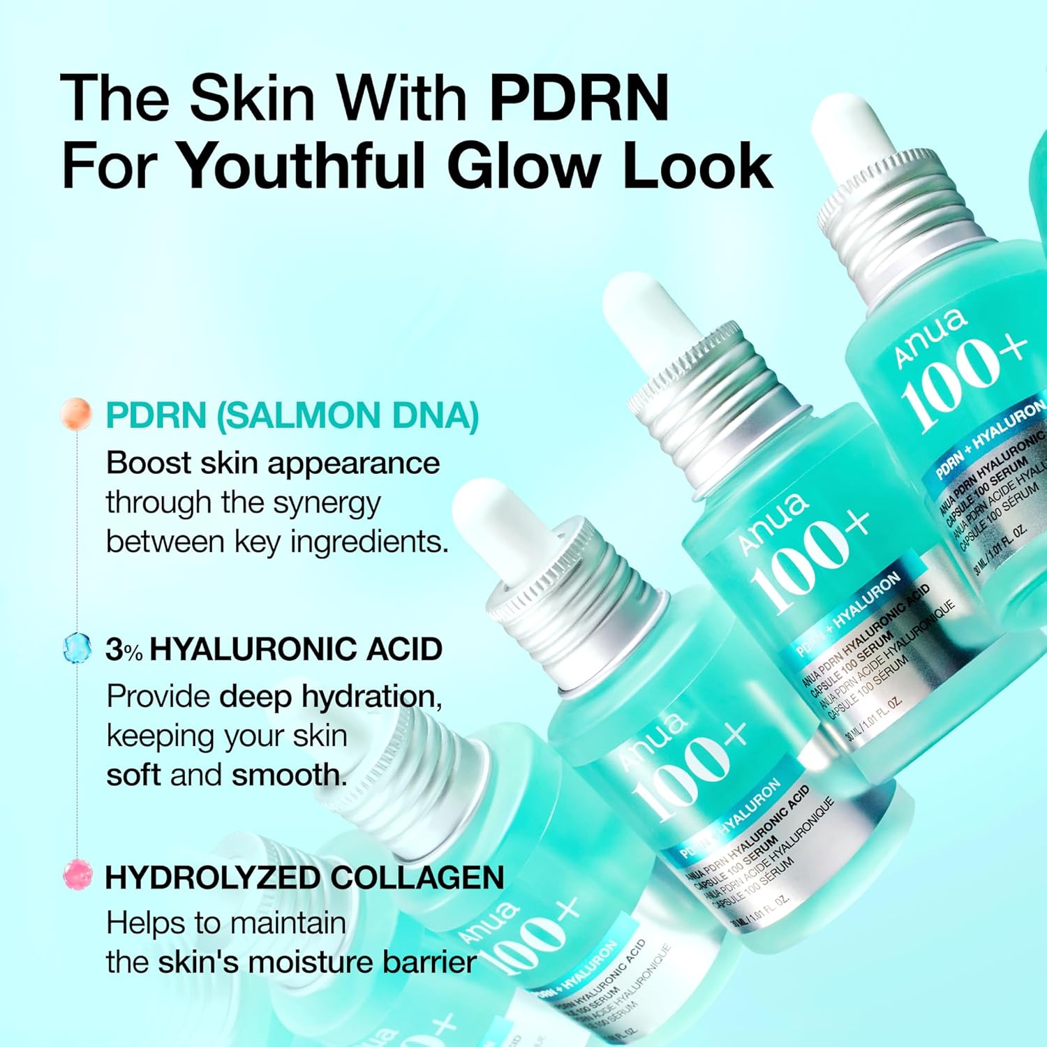 Anua PDRN + Hyaluronic Acid Capsule 100 Serum bottles with text highlighting key ingredients as PDRN (Salmon DNA), 3% Hyaluronic acid and Hydrolyzed Collagen