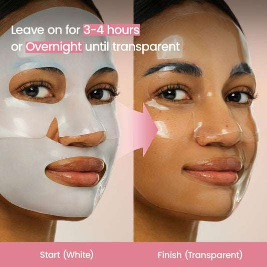 Before and after showing Biodance Bio-Collagen Real Deep Mask transformation from white to transparent on a person after leaving on for 3-4 hours or overnight as desired