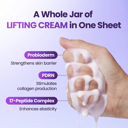 Hand squeezing a sheet of BIOHEAL BOH Probioderm 3D Lifting Cream Mask with text highlighting that a whole jar of lifting cream is contained in one sheet as well as the key ingredients of Probioderm, PDRN, 17-peptide complex and its benefits. 