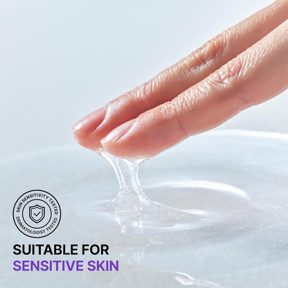 Hand lifting up BIOHEAL BOH Probioderm 3D Lifting Essential Toner to show the texture of the product and text highlighting 'Suitable for Sensitive Skin'