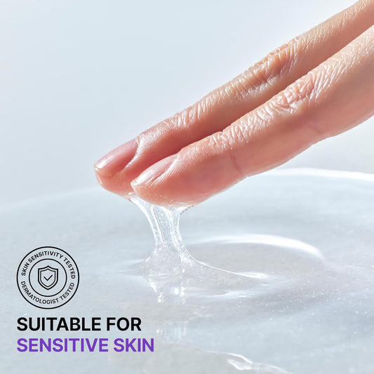 Hand lifting up BIOHEAL BOH Probioderm 3D Lifting Essential Toner to show the texture of the product and text highlighting 'Suitable for Sensitive Skin'