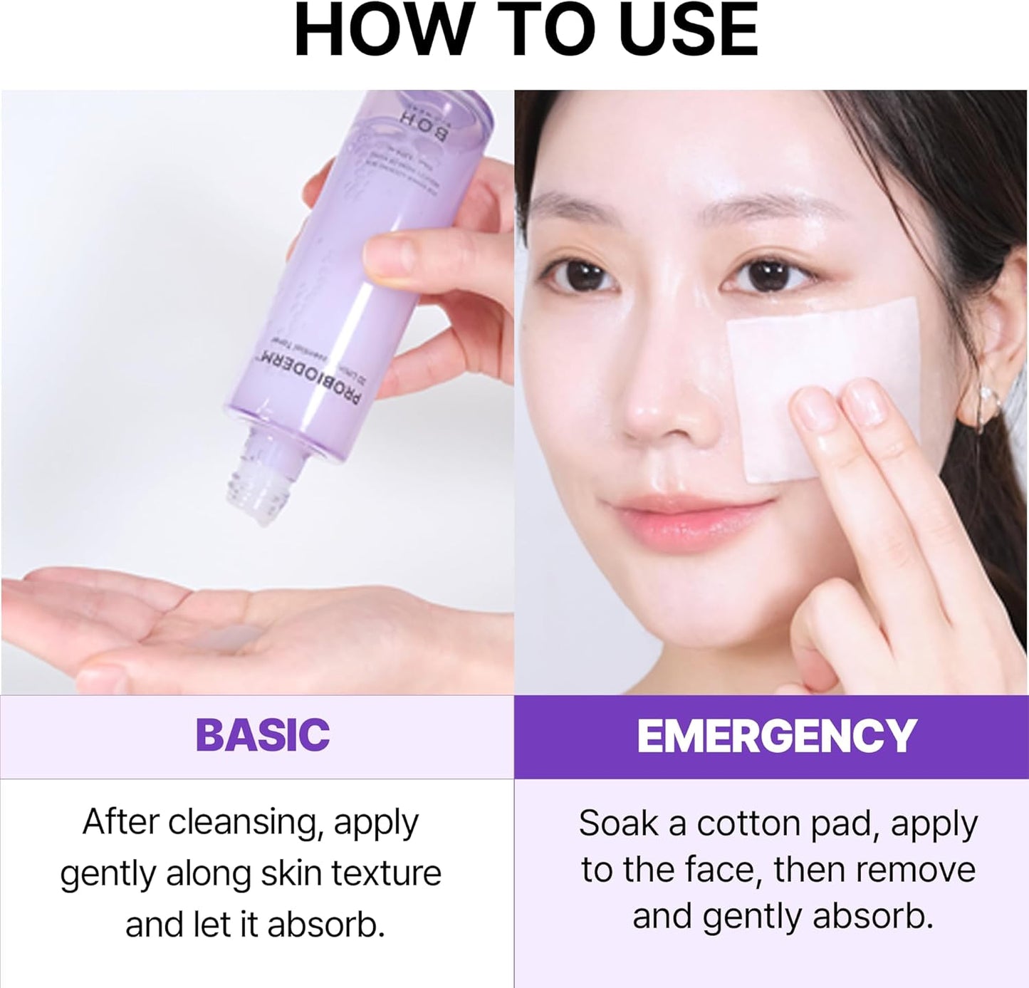Instructions on how to use BIOHEAL BOH Probioderm 3D Lifting Essential Toner as multi use as either basic or emergency as a sheet mask
