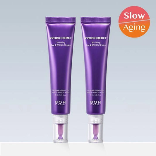 Two purple tubes of BIOHEAL BOH PROBIODERM 3D Lifting Eye & Wrinkle Cream on a light gray background with 'Slow Aging' text.