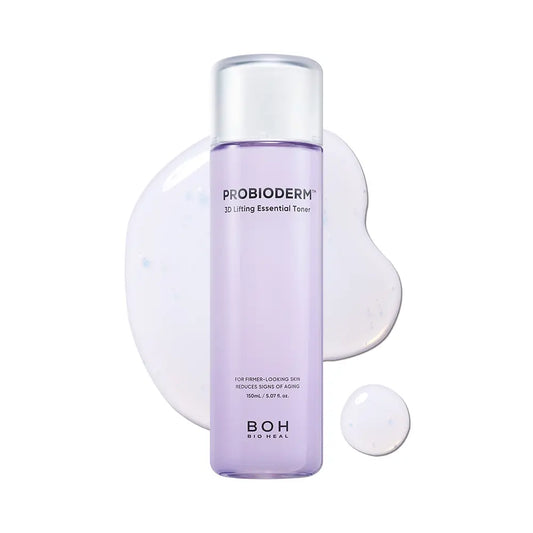 BIOHEAL BOH Probioderm 3D Lifting Essential Toner bottle on a white background with a sample of product