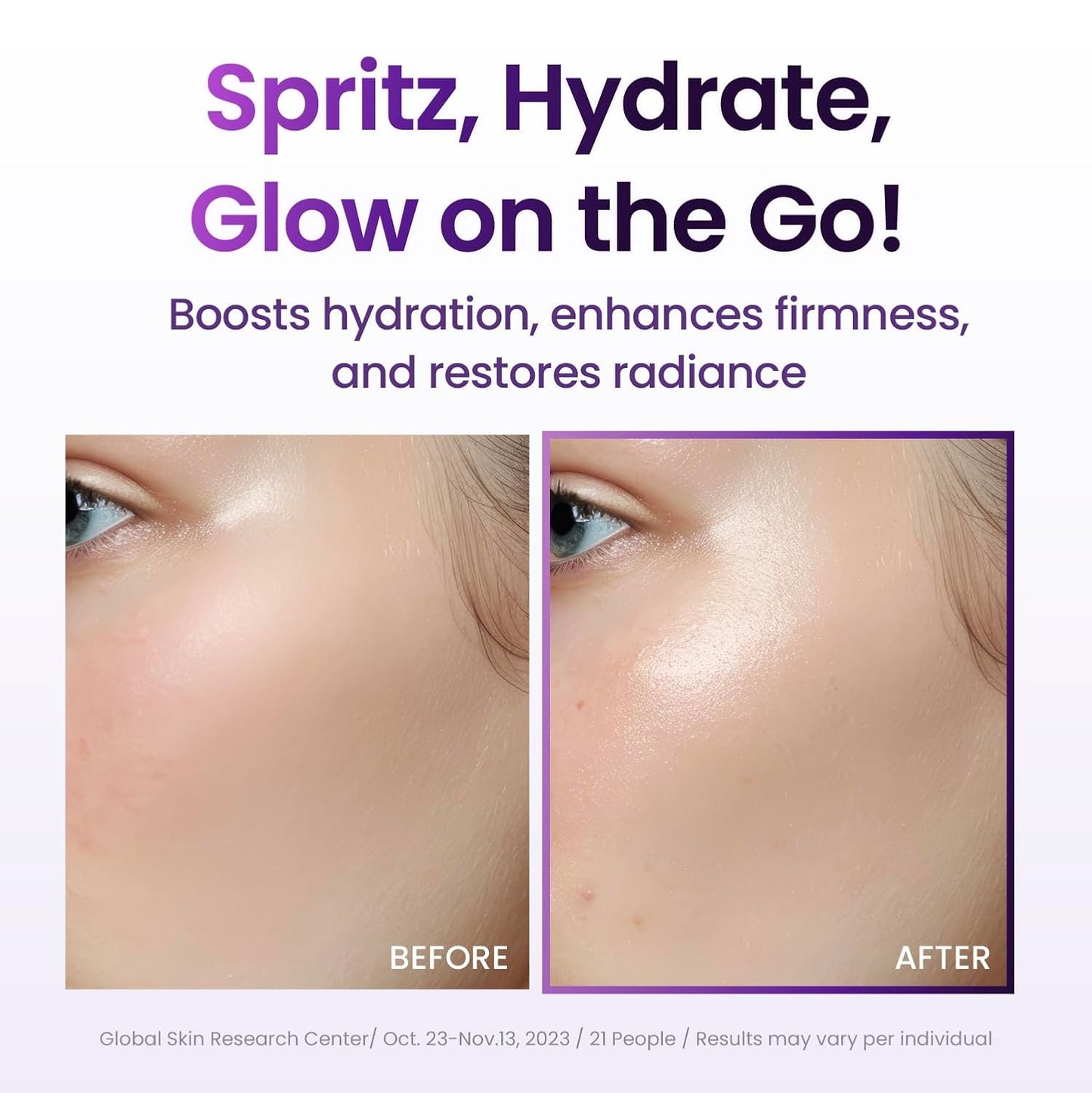 BIOHEAL BOH PROBIODERM 3D Lifting Cream Mist Before and after comparison of skin hydration with text 'Spritz, Hydrate, Glow on the Go!' and product benefits.