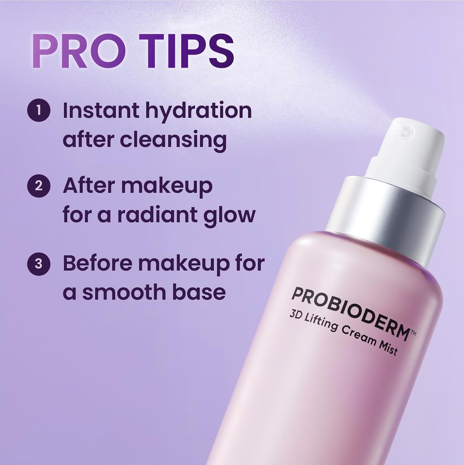 BIOHEAL BOH PROBIODERM 3D Lifting Cream Mist bottle with usage tips as 1. instant hydration after cleansing; 2 after makeup for radiant glow; 3. before makeup for smooth base