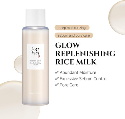 Bottle of Glow Replenishing Rice Milk with text highlighting benefits of deep moisturizing, excess sebum control and pore care 
