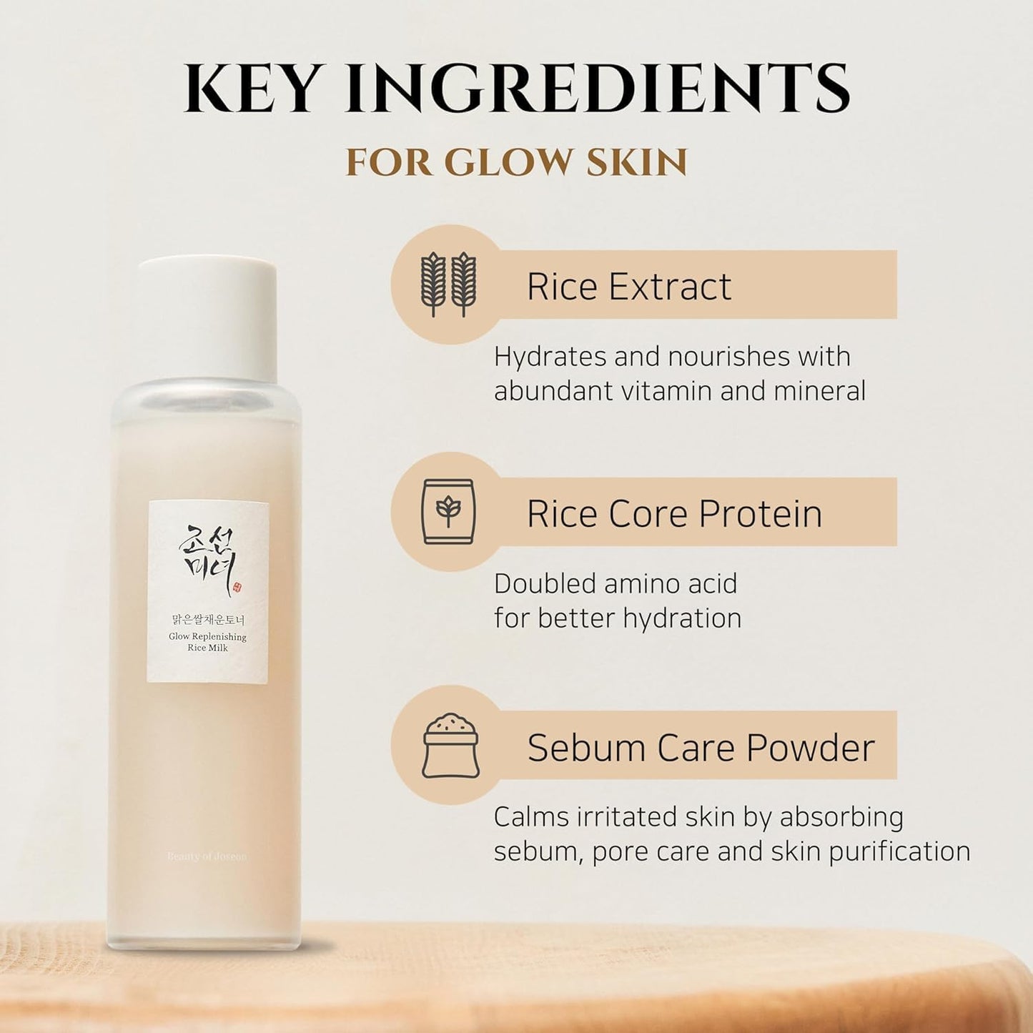 Joseon Glow Replenishing Rice Milk  bottle with key ingredients of Rice Extract, Rice Core Protein and Sebum Care Powder for glow skin on a light background