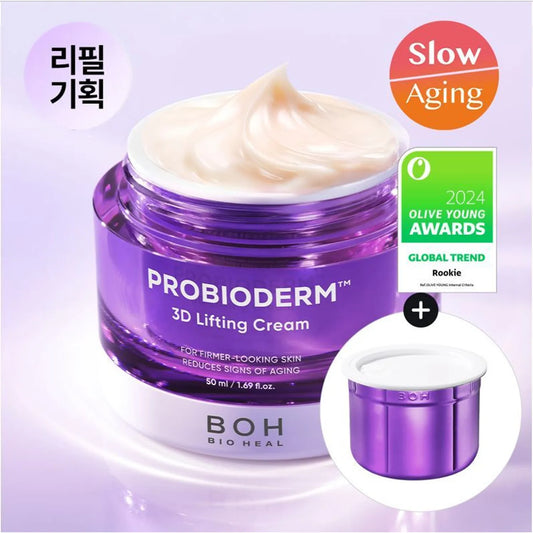 Purple jar of BIOHEAL BOH Probioderm 3D Lifting Cream with cream visible, on a light purple background with a 2024 olive young award badge.
