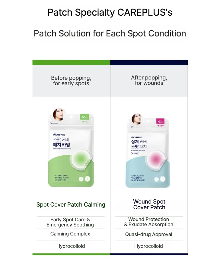 Two types of CAREPLUS patches depending on the situation. Use Spot Cover Patch Calming for Before popping pimples and early spots. Use CAREPLUS Scar Cover Spot Patch for After popping pimples.
