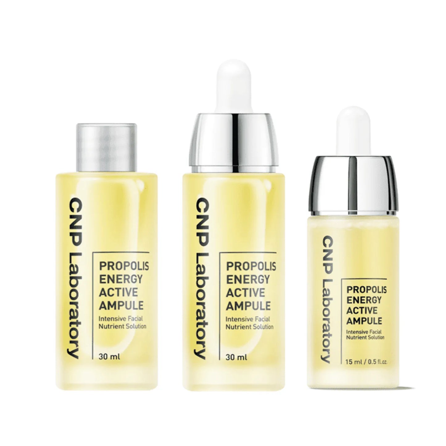 Three bottles of CNP Laboratory Propolis Energy Active Ampule on a white background