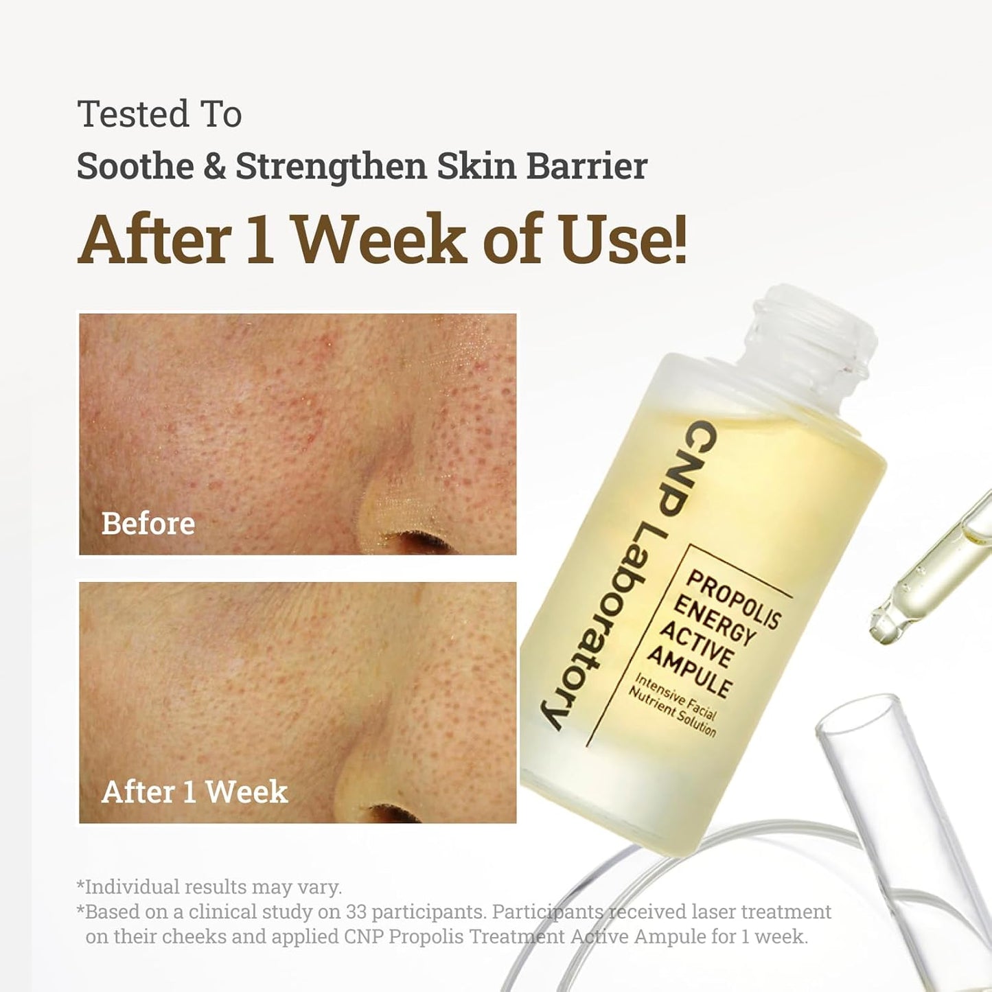 CNP Laboratory propolis energy active ampoule with before and after skin barrier test results after 1 week of usage