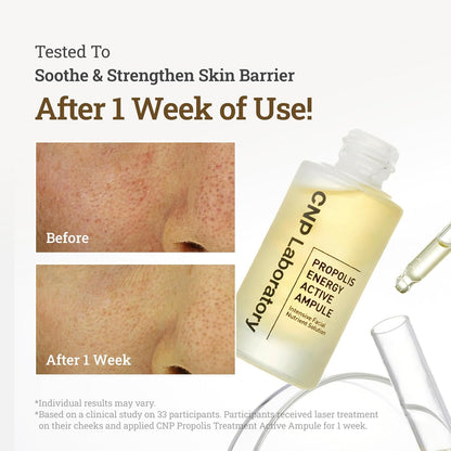 CNP Laboratory propolis energy active ampoule with before and after skin barrier test results after 1 week of usage